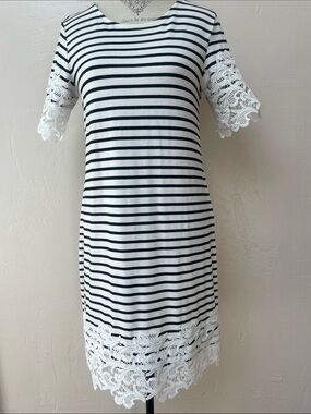 Tommy Hilfiger Black and White Striped Lace-Trim Shift Dress